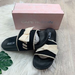 Cape Robbin Shoes - Cape Robbin Seersucker Bow Black Sandals Slides Cape Robbin Shoes - Cape Robbin Seersucker Bow Black Sandals Slides